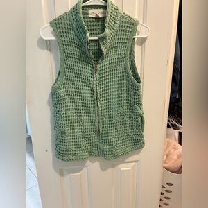Textured Waffle Knit Zip Front Vest - Sage Green